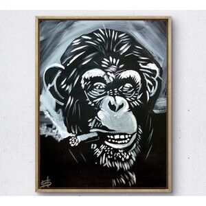 WS original smoking ape painting 14X11 canvas acrylic abstract modern wall art